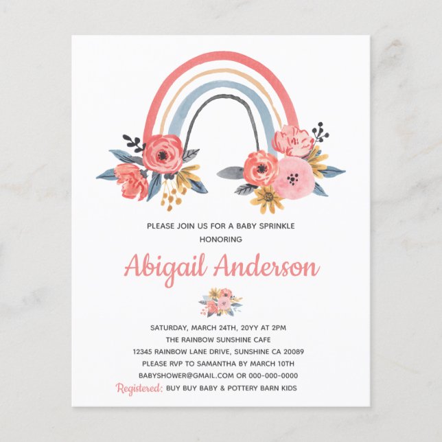 Budget Baby Sprinkle Rainbow Floral Invitation Flyer (Front)
