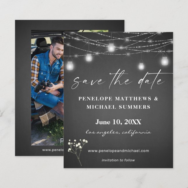 Budget Baby's Breath G Chalkboard Photo Save Date (Front/Back)