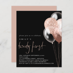 Budget Balloons Script Rose Gold 21st Black Invite