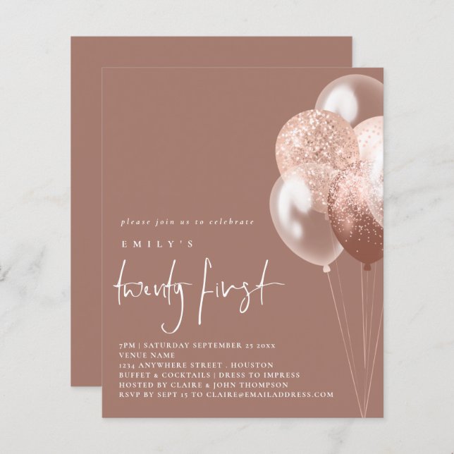Budget Balloons Script Rose Gold 21st Party Invite (Front/Back)