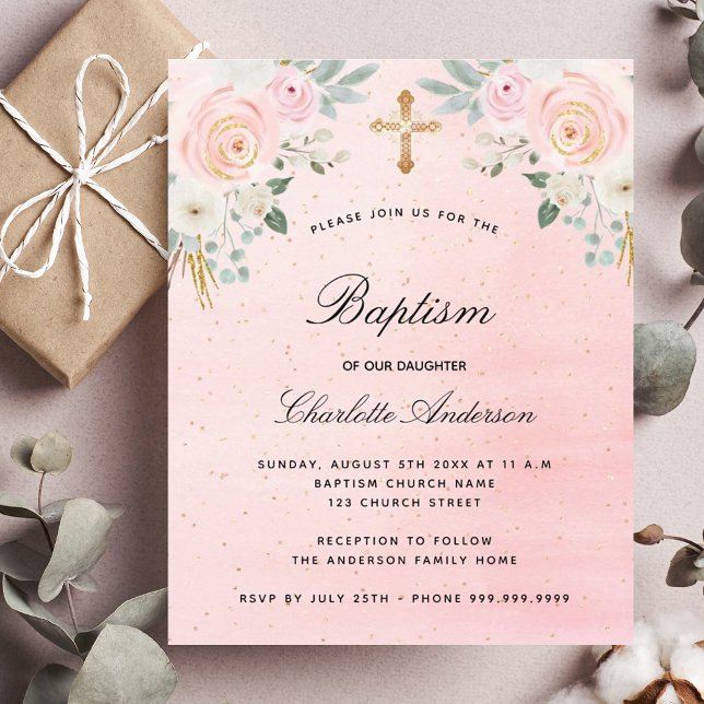 Budget baptism blush pink floral invitation (Creator Uploaded)