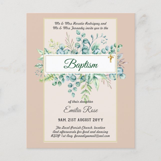 Budget BAPTISM Christening Greenery Leaves Invites Flyer (Front)