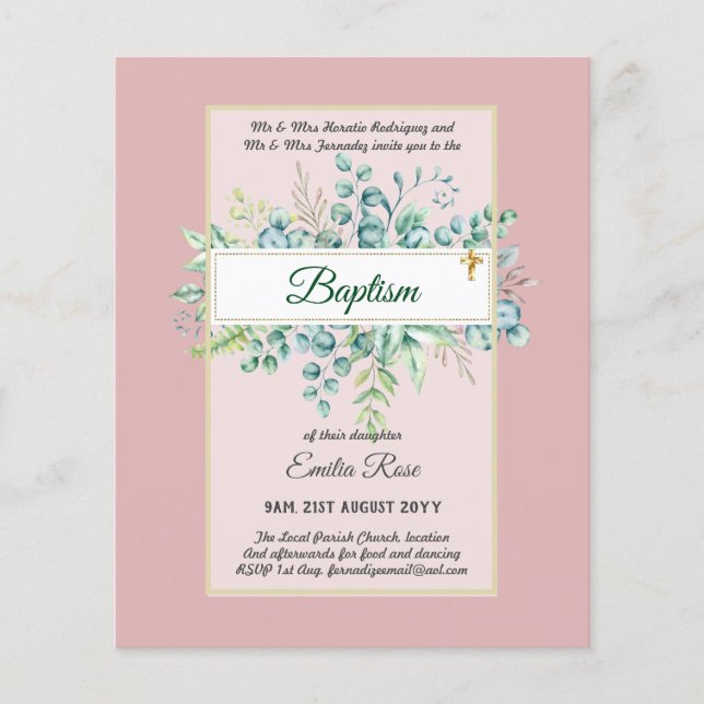 Budget BAPTISM Christening Greenery Leaves Invites Flyer (Front)