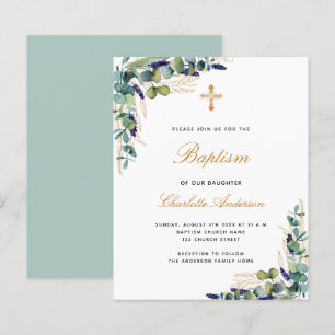 Budget Baptism eucalyptus greenery gold invitation