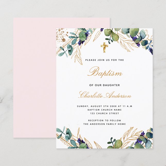 Budget baptism eucalyptus greenery pink invitation (Front/Back)