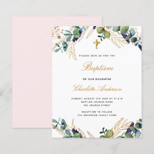 Budget baptism eucalyptus greenery pink invitation