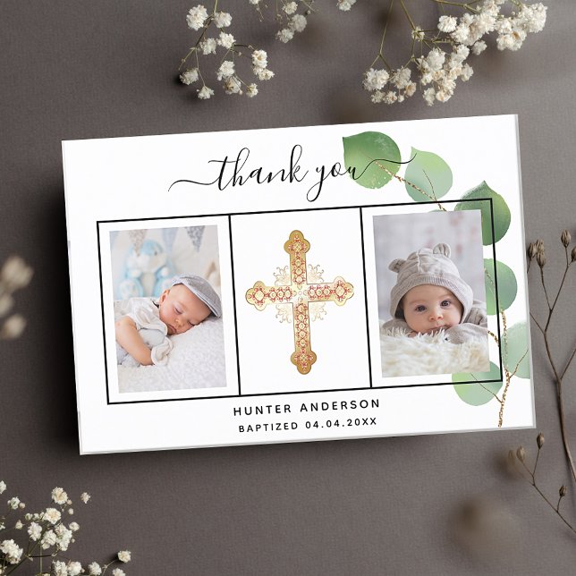 Budget baptism eucalyptus photo thank you card (Creator Uploaded)