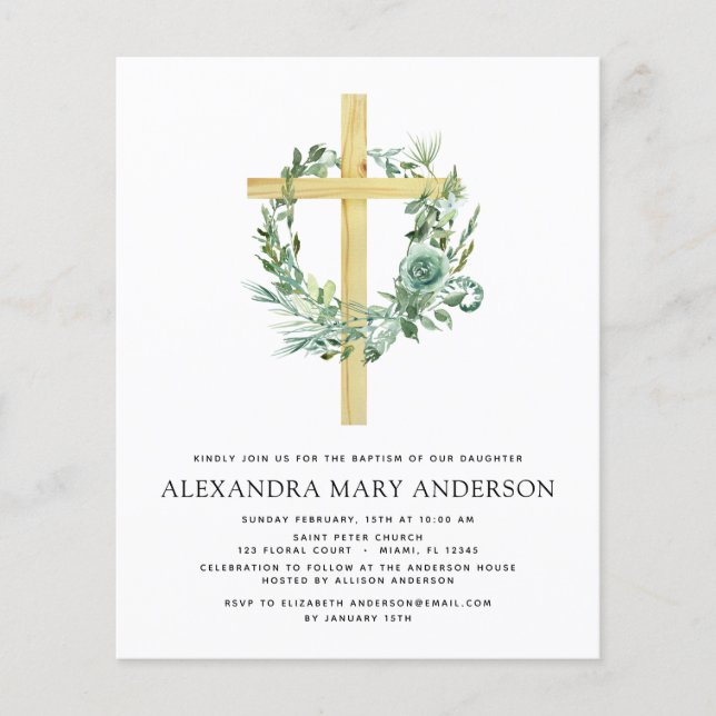 Budget Baptism Floral Greenery Sage Eucalyptus Flyer (Front)
