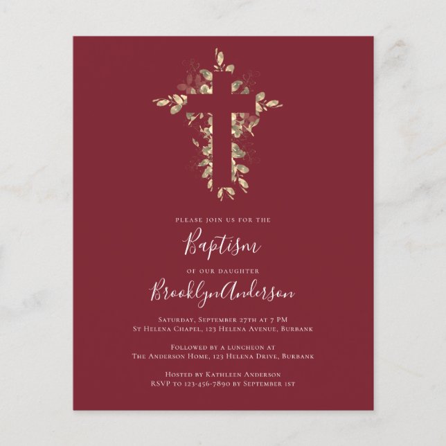 Budget Baptism Invitation | Red Gold Eucalyptus (Front)