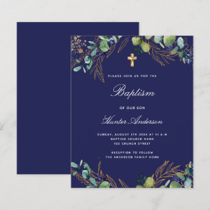 Budget baptism navy blue eucalyptus invitation
