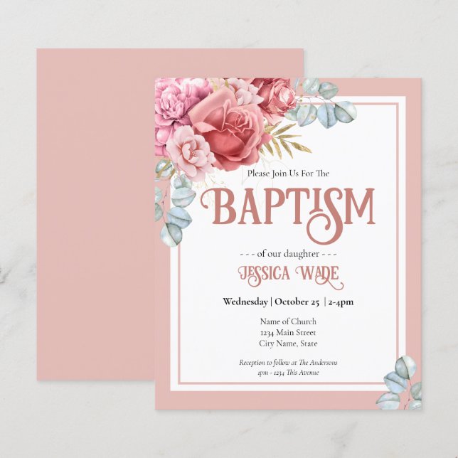 Budget Baptism Pink Floral Invitations (Front/Back)