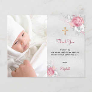 Budget baptism pink floral photo silver thank you