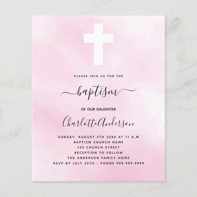 Budget baptism pink sky girl cross invitation (Front)