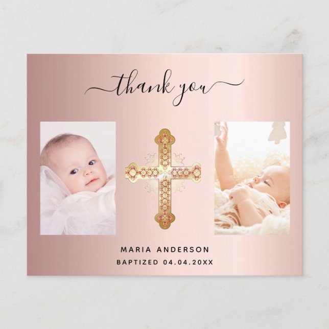 Budget baptism rose gold photo thank you card (Front)
