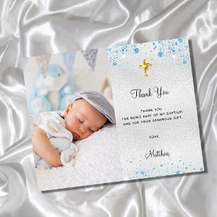 Budget baptism silver blue glitter photo thank you