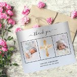 Budget baptism silver blue photo thank you card<br><div class="desc">Add 3 of Your photos, vertical size, a date, name, and the thank you note. A light blue gradient and faux silver looking background with black text and frame. The text: Thank you on the front and your name on the back are written with a stylish hand lettered script with...</div>