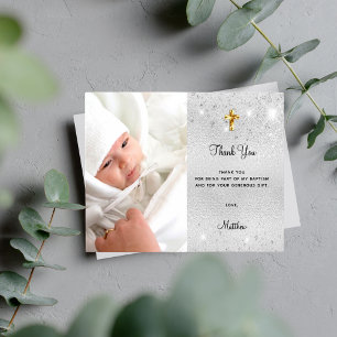 Budget baptism silver glitter photo thank you