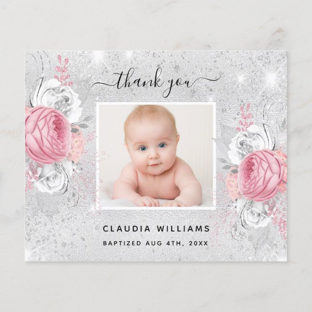 Budget Baptism silver pink photo girl thank you (Back)