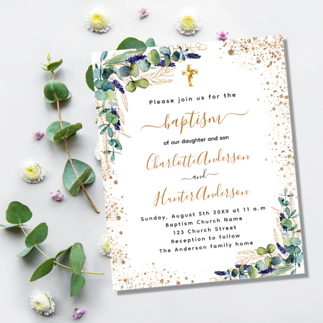 Budget Baptism twins eucalyptus gold invitation (Creator Uploaded)