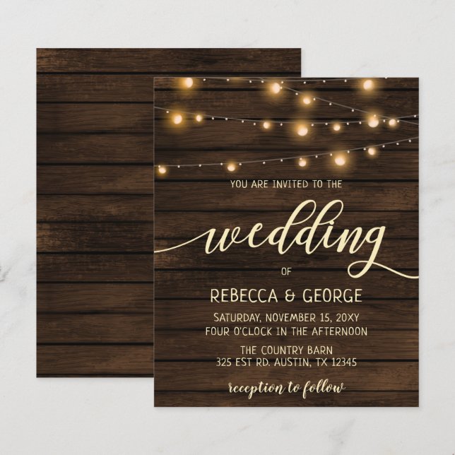 Budget Barn Wood String lights Wedding invitations (Front/Back)