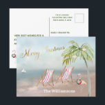Budget Beach Flamingo Wreath Unique Christmas  Announcement Postcard<br><div class="desc">Merry Christmas on this lovely Watercolor Beach -- peaceful and gentle scene with two beach chairs -- friendly flamingo with lovely wreath -- Palm tree with a few ornaments.  Also available in different paper weights -- your selection.</div>