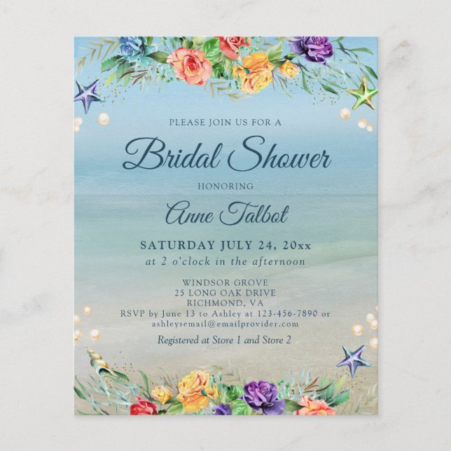 Budget Beach Floral Bridal Shower Invitation (Front)