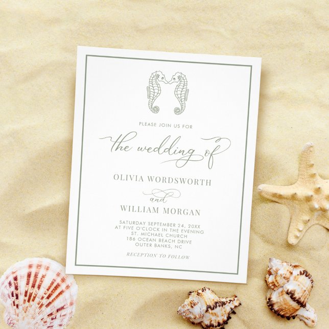 Budget Beach Seahorse Sage Green Wedding Invite Flyer (Creator Uploaded)