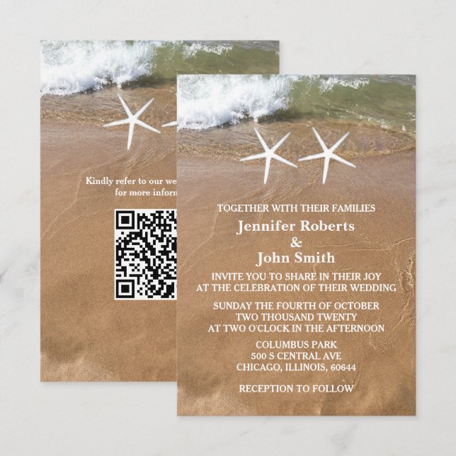 Budget Beach Starfish QR Code Ocean Wedding Invitation (Front/Back)