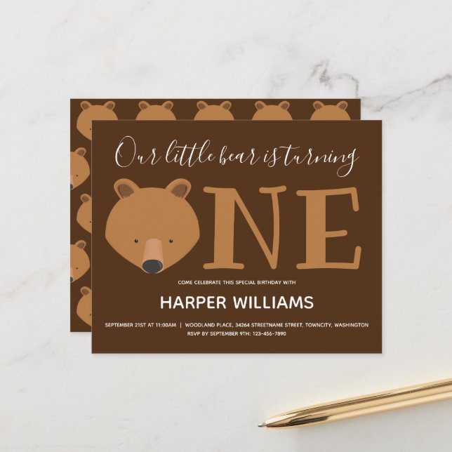Budget Bear One Baby First Birthday Invitation (Front/Back In Situ)