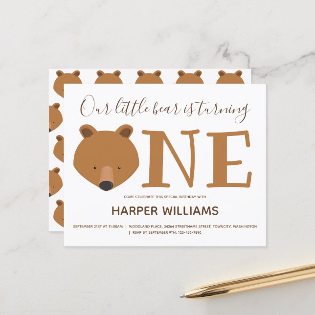 Budget Bear One Baby First Birthday Invitation (Front/Back In Situ)