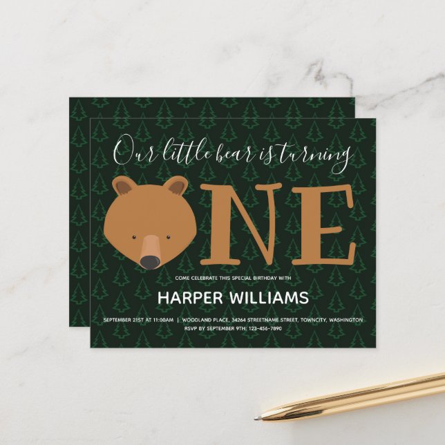 Budget Bear Pine Baby First Birthday Invitation (Front/Back In Situ)