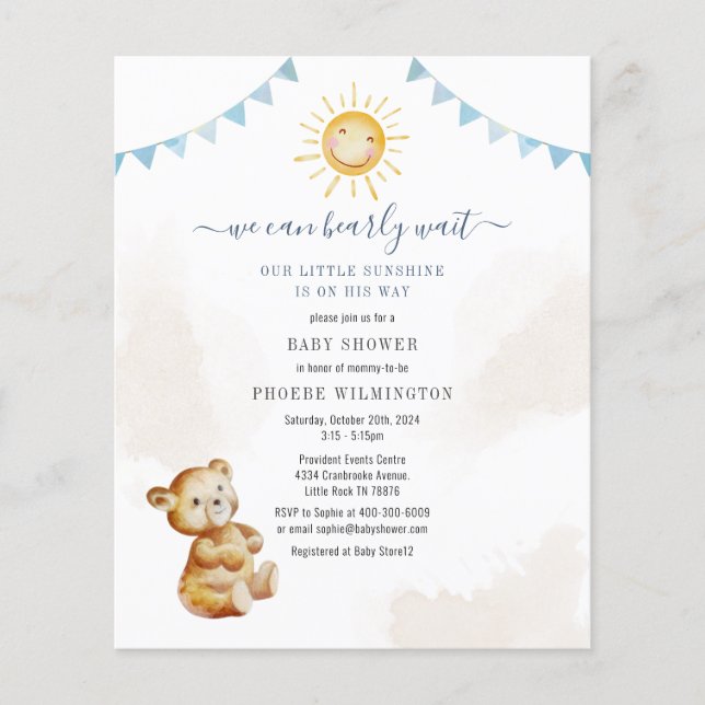 Budget Bear  Sunshine Boys Baby Shower Invitation Flyer (Front)