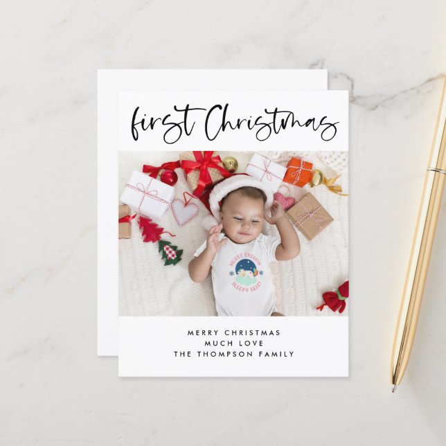 Budget Bébé 1ère photo de Noël Petite carte plate (Devant/Arrière en situation)