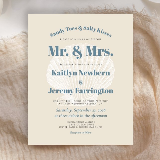 Budget Beige Blue Shell Beach Wedding Invitation (Creator Uploaded)
