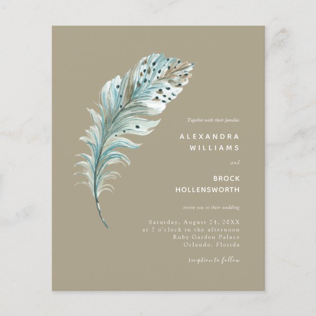 Budget Beige Boho Feather Minimal Wedding Invite (Front)