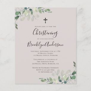 Budget Beige Eucalyptus Christening Invitation