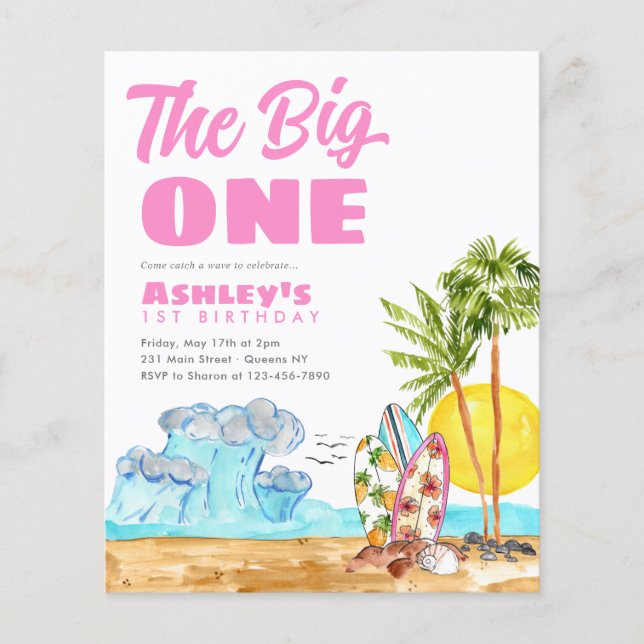 Budget Big One Hot Pink Beach 1st Surfing Birthday (Front)