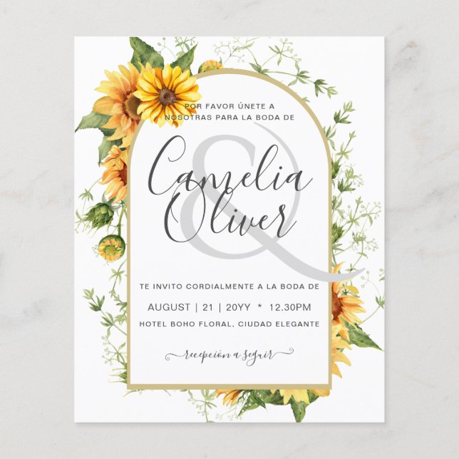 BUDGET Bilingual Sunflowers Spanish Wedding Boda Flyer (Back)