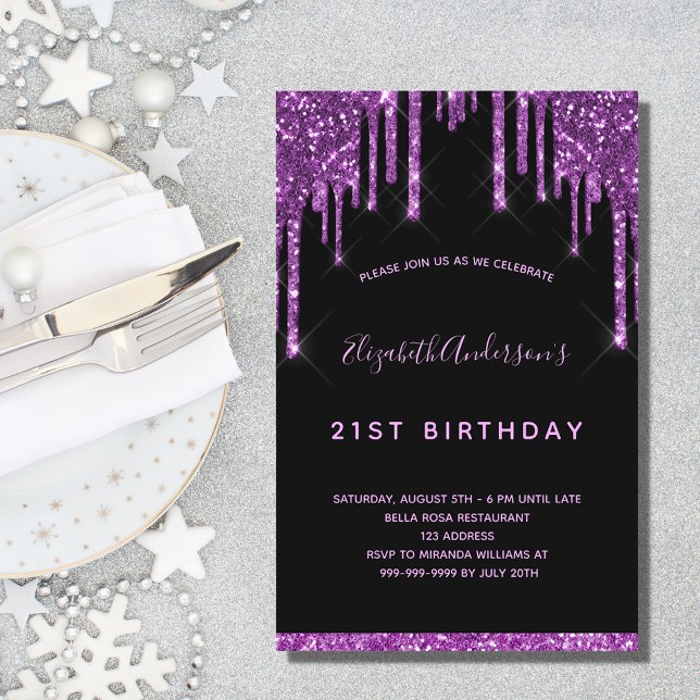 Budget birthday black glitter purple invitation (Creator Uploaded)