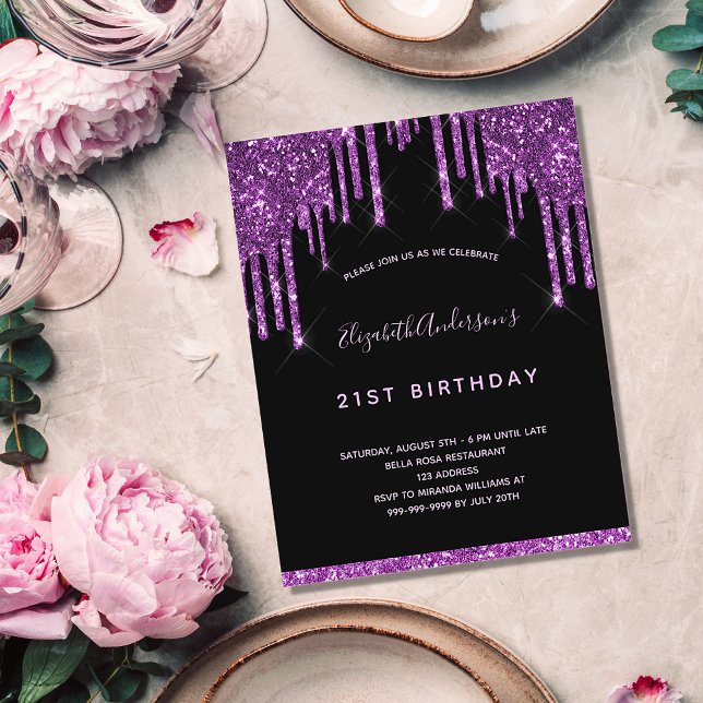 Budget birthday black glitter purple invitation (Creator Uploaded)