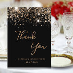 Budget Birthday black gold glitter thank you card<br><div class="desc">A thank you card for a 50th (or any age) birthday. A black background colour,  decorated with faux gold glitter. On front large dark golden coloured hand lettered script and the text: Thank You,  your text,  title and a date. 
Back: Personalize and add Your thank you note and name.</div>