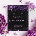 Budget birthday black purple glitter invitation<br><div class="desc">A girly and feminine 21st (or any age) birthday party invitation. On front: A chic black background. Decorated with dark purple faux glitter dust. Personalize and add a name and party details. The name is written with a hand lettered style script, light purple coloured letters. Back: black background and faux...</div>