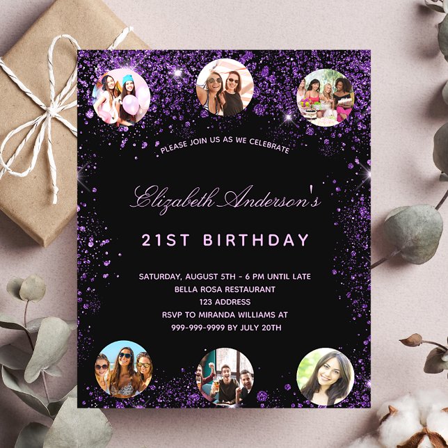 Budget birthday black purple photo invitation (Creator Uploaded)