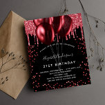 Budget birthday black red glitter invitation<br><div class="desc">For an elegant 21st (or any age) birthday.  A stylish black background. Decorated with red faux glitter and balloons.  Personalize and add a name,  age and party details. The name is written with a hand lettered style script</div>