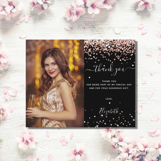 Budget birthday black rose gold photo thank you (Creator Uploaded)