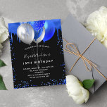 Budget birthday black royal blue invitation<br><div class="desc">A girly and feminine 18th (or any age) birthday party invitation. On front: A chic black background. Decorated with royal blue faux glitter drips,  paint dripping look and balloons. Personalize and add a name and party details. The name is written with a hand lettered style script.</div>