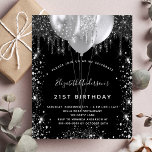 Budget birthday black silver glitter invitation<br><div class="desc">For an elegant 21st (or any age) birthday.  A stylish black background. Decorated with faux silver glitter and balloons.  Personalize and add a name,  age and party details. The name is written with a hand lettered style script</div>
