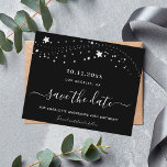 Budget birthday black silver stars save the date<br><div class="desc">A girly and trendy Save the Date card for a 40th (or any age) birthday party. A stylish black background decorated with faux silver stars. Personalize and add a date and name/age 40.  The text: Save the Date is written with a large trendy hand lettered style script.</div>