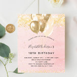 Budget birthday blush pink gold glitter balloons<br><div class="desc">For an elegant 18th (or any age) birthday.  A gradient blush pink background,  golden glitter and faux gold balloons.  Personalize and add a name,  age 18 and party details. The name is written with a hand lettered style script</div>