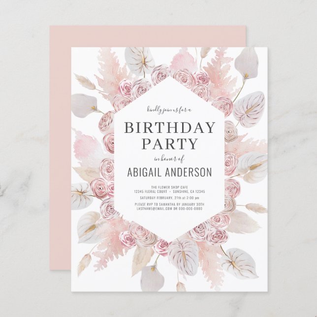 Budget Birthday  Boho Blush Pink Party Invitation (Front/Back)